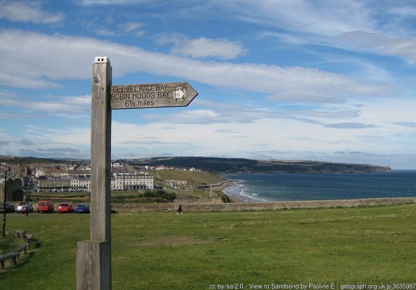 View to Sandsend Cleveland Way sign points us to Robin Hood’s Bay, 6.5 miles south.