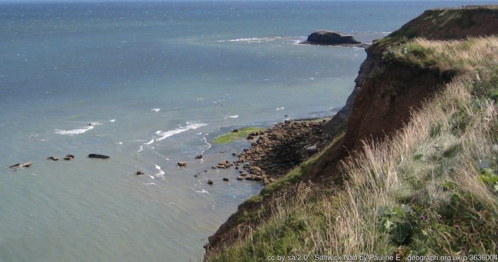 Saltwick Nab Viewed from the Cleveland Way coastal footpath. Saltwick Bay is noted for its fossils, principally ammonites and belemnites but also dinosaur/reptile remains.