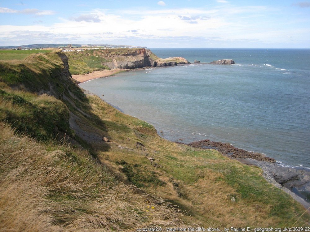 View from the cliffs above Black Nab View over Saltwick Bay and Saltwick Nab towards the town of Whitby.