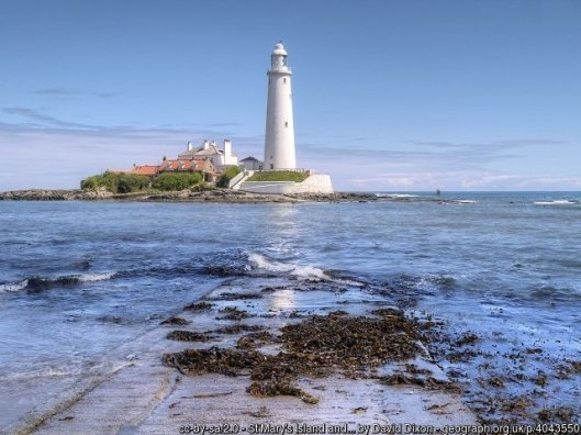 t Mary's Island and Lighthouse St Mary's Island (also known as Bait Island) is a tiny island just to the north of Whitley Bay, opposite Curry's Point on the mainland. The small rocky tidal island can be accessed between the tides via a short concrete causeway which is submerged at high tide. The lighthouse and adjacent keepers' cottages were built in 1898 on the site of a monastery where a small sanctuary light would have acted as a guide to passing ships. The 125-foot high lighthouse, on a hazardous coast for shipping, remained operational until 1984 when it was superseded by modern navigational techniques. While it no longer functions as a working lighthouse it, together with the former keepers' cottages, is operated as a visitor centre by North Tyneside Council with a small natural history museum, and a café