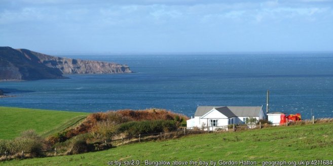 Bungalow above the bay White painted bungalow on the clifftop at Kettleness overlooking the mouth of Runswick Bay.