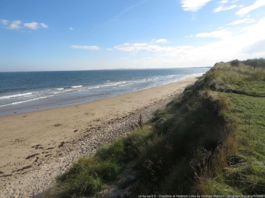 Coastline at Hadston Links Looking south along the edge of the beach at Hadston Links