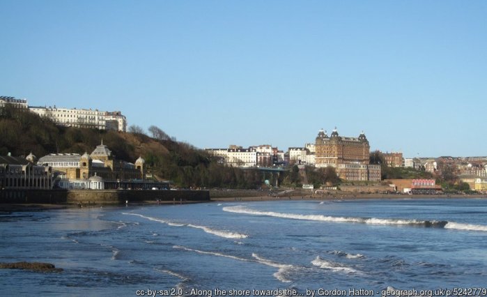 Along the shore towards the Spa Complex A Boxing Day view along the South Bay at Scarborough with the Spa Complex closest, the elegant hotels on the Esplanade above and the giant Victorian Grand Hotel in the distance