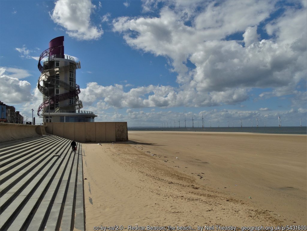 Redcar Beacon, the beach and Teesside Wind Farm