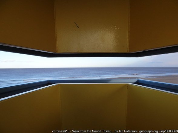 View from the Sound Tower, Wolla Bank Looking through the 'window' of the structure known as the Sound Tower. The whole yellow inner skin drops unexpectedly when you step inside, like an internal knight's helmet's visor, except it makes a louder metallic clank.